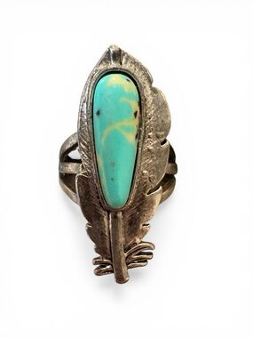 Silver Feather Ring with Turquoise Stone - Turquoise